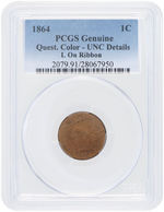 1C "INDIAN HEAD" 1864 "L ON RIBBON" VARIETY PCGS GENUINE QUEST. COLOR-UNC DETAILS.