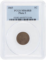 1C "INDIAN HEAD" 1865 "PLAIN 5" VARIETY PCGS MS64RB