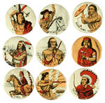 INDIANS AND FRONTIERSMEN 9 OF 10 BUTTONS IN VAN BRODE AMERICA SERIES SET.