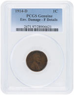 1C "LINCOLN WHEAT EARS" 1914-D CENT PCGS GENUINE ENV. DAMAGE-F DETAILS.