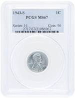 1C "LINCOLN WHEAT EARS" 1943-S STEEL CENT PCGS MS67.