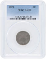 5C SHIELD NICKEL 1871 PCGS AU50.