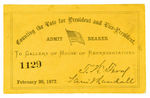 FEB. 26,1877 YELLOW TICKET TO SETTLE DISPUTED 1876 HAYES VS. TILDEN ELECTION.