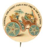 CHOICE COLOR CARNIVAL BUTTON FEATURING FLOWER COVERED CARRIAGE.