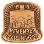 "REMEMBER PEARL HARBOR" WOOD COMPOSITION PIN WITH BELL DESIGN.