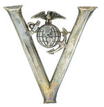 FIVE "STERLING" LARGE VICTORY PINS WITH VARIOUS SERVICE EMBLEMS.