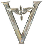 FIVE "STERLING" LARGE VICTORY PINS WITH VARIOUS SERVICE EMBLEMS.