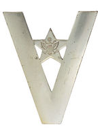 FIVE "STERLING" LARGE VICTORY PINS WITH VARIOUS SERVICE EMBLEMS.