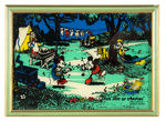 MULTI-CHARACTER “THE JOYS OF CAMPING” RELIANCE ART GLASS PICTURE.