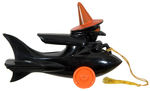 WITCH ON ROCKET SHIP WITH WHEELS HALLOWEEN CANDY CONTAINER.