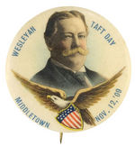 "TAFT DAY" 1909 MULTICOLOR BUTTON WITH EAGLE CARRYING SHIELD.