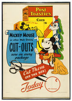 “POST TOASTIES” RARE STORE SIGN ADVERTISING “MICKEY MOUSE/WALT DISNEY CUT-OUTS” ON CEREAL BOXES.