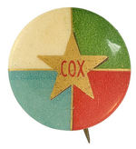 "COX" RARE AND COLORFUL 1920 NAME BUTTON.