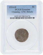 5C BUFFALO NICKEL 1914-D PCGS GENUINE CLEANING-UNC DETAILS.