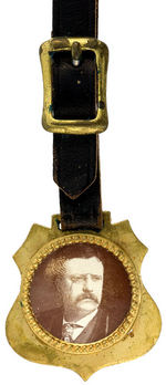 ROOSEVELT FOUR WATCH FOBS WITH CELLULOID PORTRAITS: THREE 1904, ONE 1912.