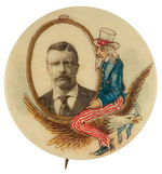 UNCLE SAM SEATED ON EAGLE'S BACK HOLDING FRAME PICTURING ROOSEVELT CHOICE COLOR BUTTON.