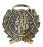 "VOTES FOR WOMEN" ORNATE SILVERED BRASS WATCH FOB.