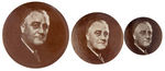 FRANKLIN ROOSEVELT THREE MATCHING PORTRAIT BUTTONS IN BROWN TONE.