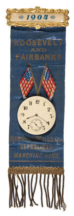 "HAMILTON WATCH CO."  RIBBON BADGE FOR "ROOSEVELT AND FAIRBANKS" WITH CLOCK FACE BUTTON.