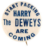 DEWEY SLOGAN BUTTON WITH ANTI TRUMAN SENTIMENT.