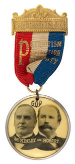 "G.O.P. McKINLEY AND HOBART" 2-SIDED CELLO RIBBON BADGE.