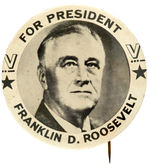 FDR LARGE 1944 BUTTON WITH WWII VICTORY SYMBOLS.