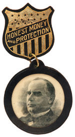 McKINLEY "HONEST MONEY AND PROTECTION" LARGE LEATHER AND CELLO BADGE.