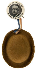 "FOR PRESIDENT ALFRED E. SMITH" PORTRAIT BUTTON WITH ICONIC BROWN DERBY MINIATURE HAT.