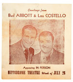 "GREETINGS FROM BUD ABBOTT & LOU COSTELLO" HAND OUT SIGNED BY BUD ABBOTT.