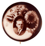 LANDON SCARCE REAL PHOTO SEPIA BUTTON WITH PORTRAIT PLUS SUNFLOWER ILLUSTRATION.