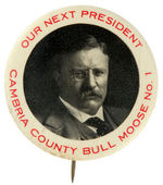 RARE 1912 ROOSEVELT "CAMBRIA COUNTY BULL MOOSE NO.1" BUTTON.