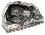 THE LION OF LUCERNE SILVER PLATED CAST METAL FIGURAL PAPERWEIGHT WITH SOLID TIN UNDERSIDE BASE.