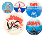 FIVE BUTTONS RELATING TO THE MOVIE CLASSIC "JAWS."