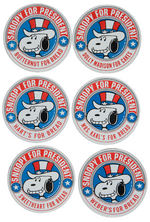 "SNOOPY FOR PRESIDENT" SIX LARGE 1972 BUTTONS WITH IMPRINTS FROM BAKERS.