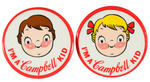 "I'M A CAMPBELL KID" PAIR OF BEAUTIFUL LARGE AD BUTTONS.