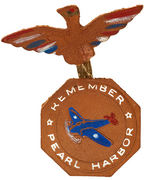 "REMEMBER PEARL HARBOR" LEATHER EAGLE PIN HOLDS OCTAGONAL LEATHER WITH PLANE AND SLOGAN.