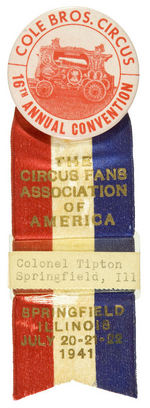 "COLE BROS. CIRCUS 16TH ANNUAL CONVENTION" RIBBON BADGE.