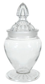 GLASS STORE JAR WITH FINIAL TOP.