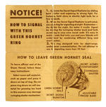 "THE GREEN HORNET" GLOW-IN-DARK SECRET COMPARTMENT RING WITH RARE INSTRUCTION FOLDER.