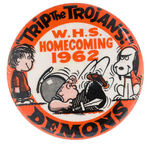 THREE PEANUTS CHARACTERS ON 1962 HOMECOMING BUTTON.