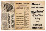 CAPTAIN MIDNIGHT “WHIRLWIND” WHISTLE RING WITH INSTRUCTIONS.