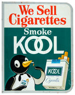 “WE SELL CIGARETTES SMOKE KOOL” TWO-SIDED FLANGED TIN STORE SIGN.