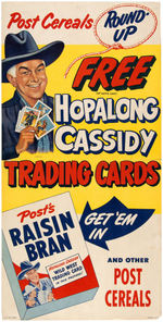 "HOPALONG CASSIDY TRADING CARDS POST CEREALS" PREMIUM OFFER STORE SIGN.