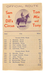 SAM DILL'S CIRCUS ROUTE CARD WITH "TOM MIX AND TONY."