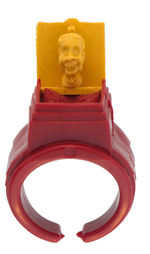 HOWDY DOODY "POLL PARROT" JACK-IN-THE-BOX RING WITH YELLOW TOP.