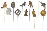 NINE EARLY SHOE ADVERTISING STICKPINS AND PIN.