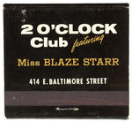 "2 O'CLOCK CLUB FEATURING MISS BLAZE STARR" STRIP CLUB MATCH PACK.