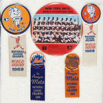 NEW YORK METS FIVE BUTTONS FOR 1969 CHAMPIONSHIP AND WORLD SERIES.