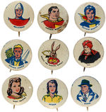 FAWCETT COMIC CHARACTERS NEAR SET OF BUTTONS INCLUDING CAPTAIN MARVEL AND EIGHT OTHERS.