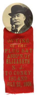 PLUG HAT ASSOCIATION RIBBON BADGE FOR THEIR 1908 CONEY ISLAND OUTING.